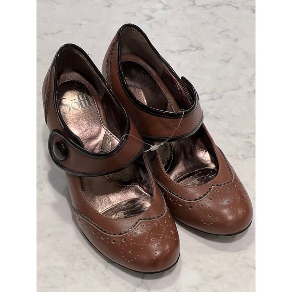 Sofft Women's Leather Piona Mary Jane Wingtip Wooden Stacked Heels Size 6 Brown - Picture 1 of 7